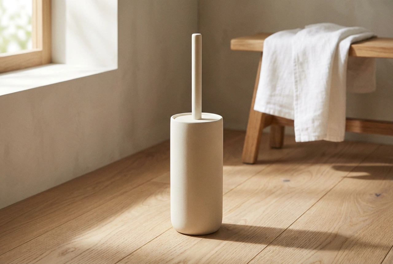 Como posicionar a escova sanitária com suporte de papel de forma higiênica