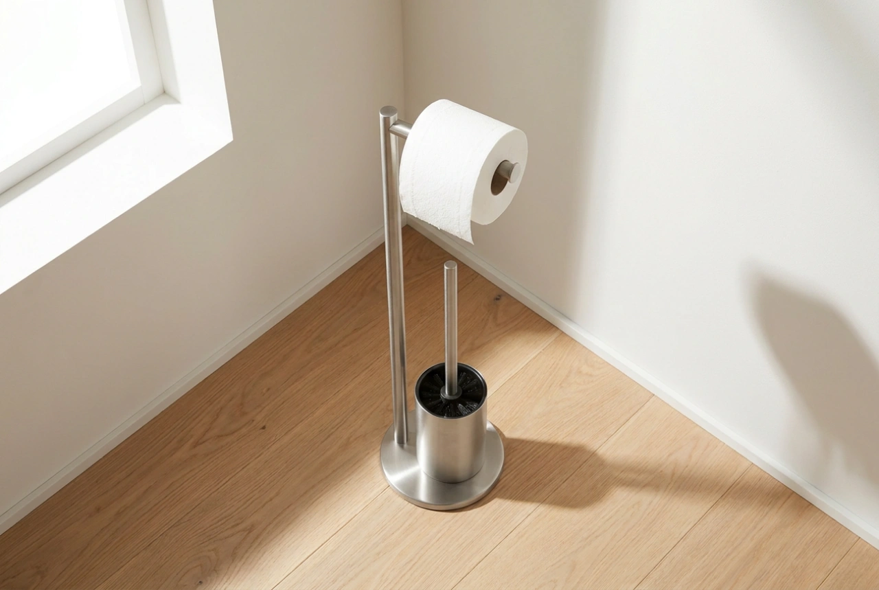 Onde posicionar o suporte de papel higiênico com escova em um banheiro pequeno