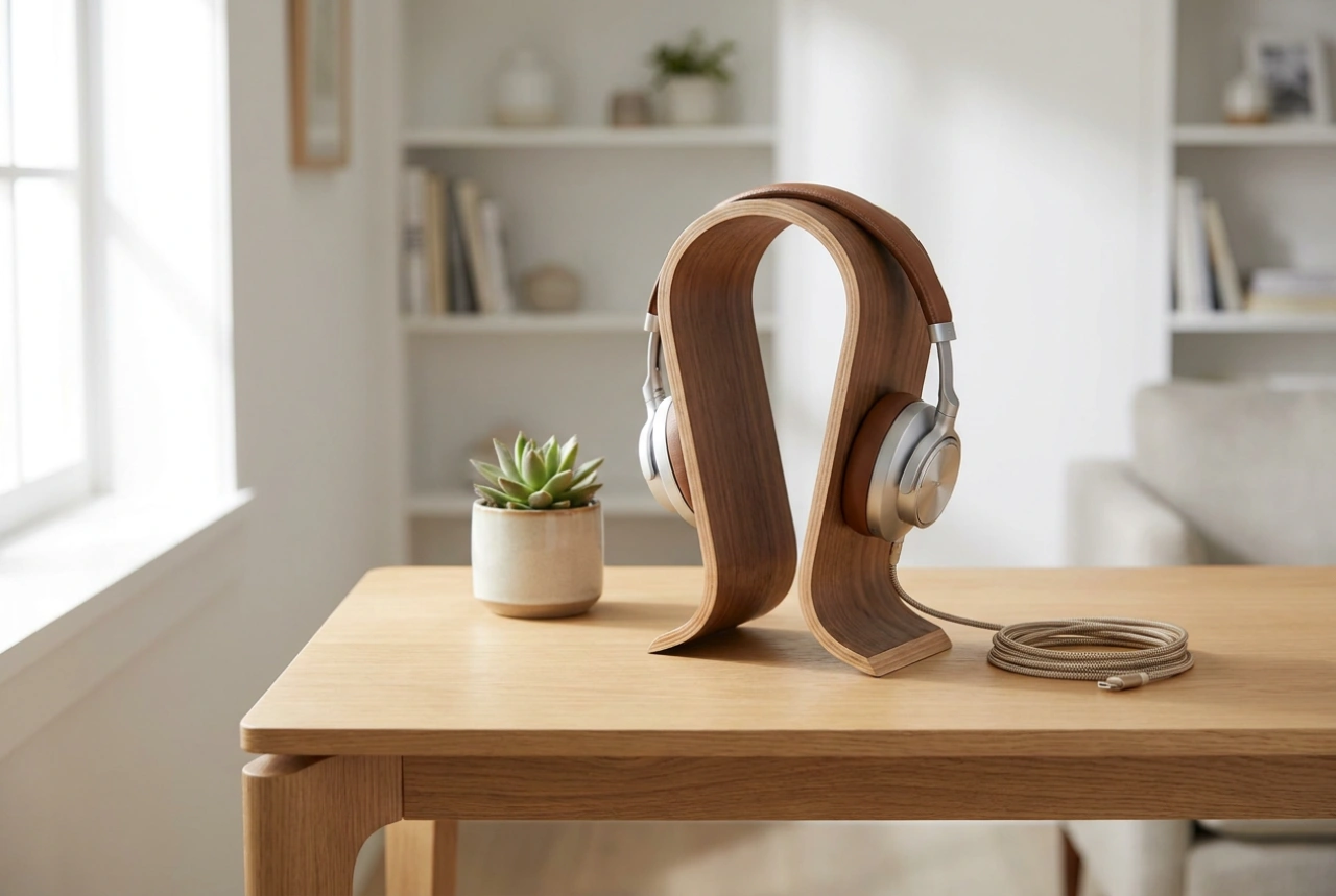 Como usar um suporte de madeira para fone de ouvido na organização da mesa