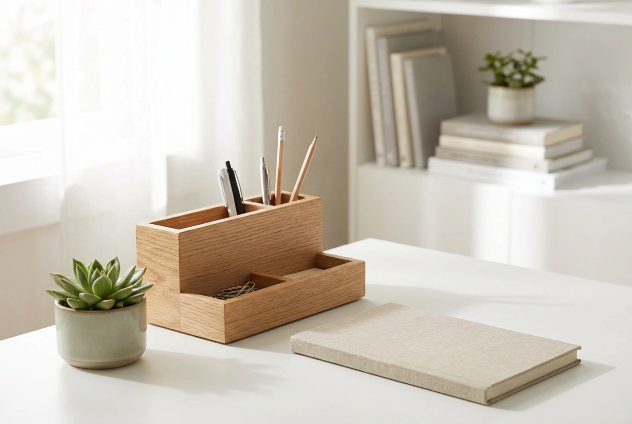 Organizador de mesa de madeira para um espaço de trabalho organizado em casa