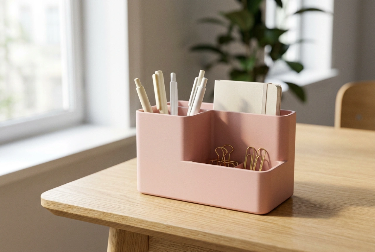 Organizador de mesa rosa em um sistema prático de organização