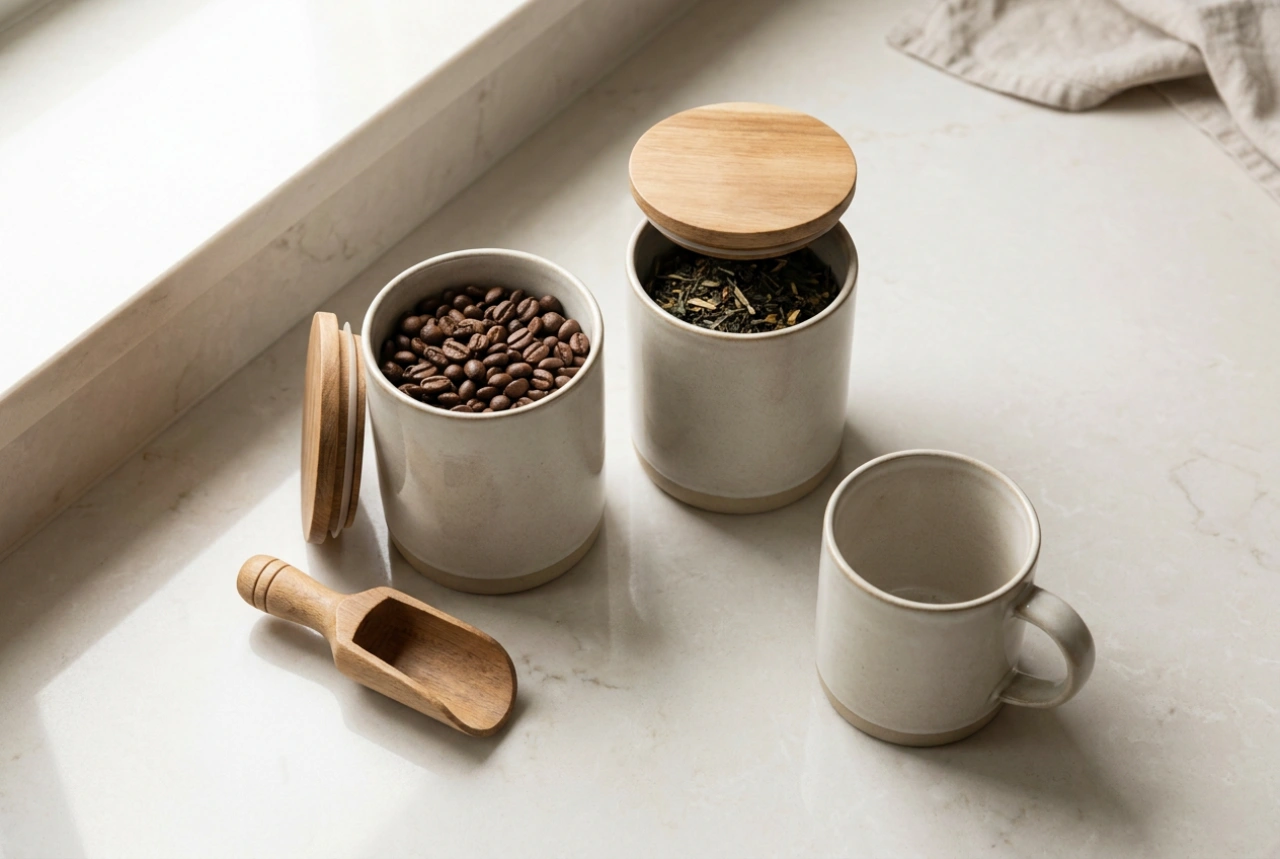 Potes modernos de café e chá em uma cozinha bem organizada