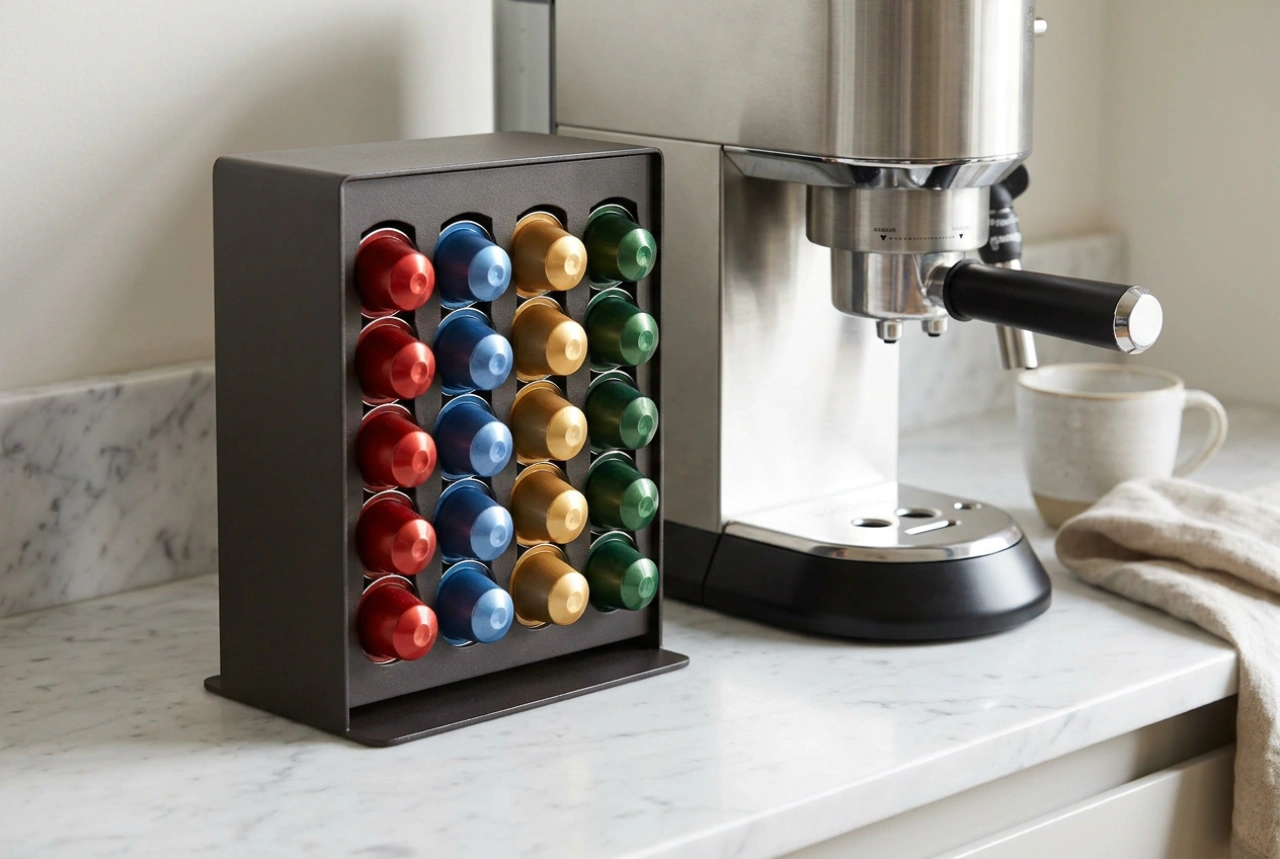 Como organizar cápsulas de café em um suporte ao lado da cafeteira