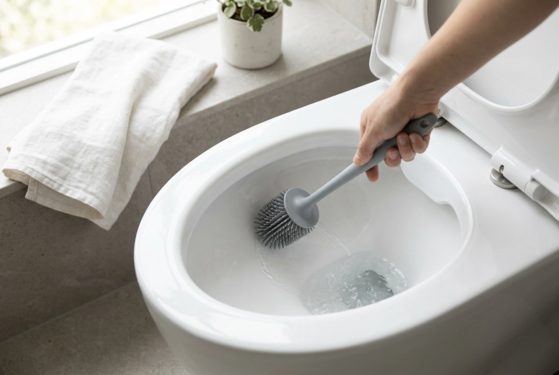 Técnica comprovada para o uso de escova sanitária no vaso