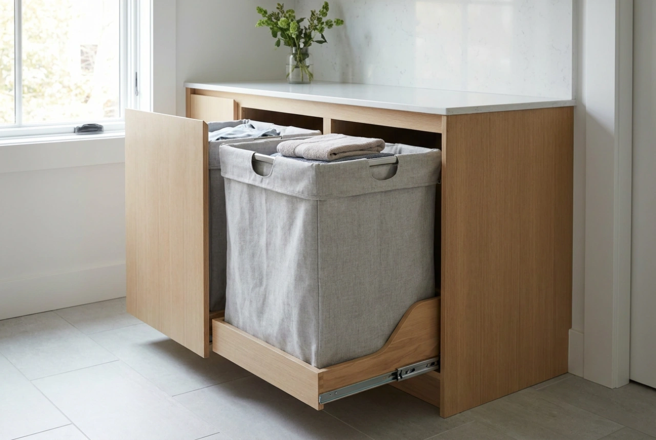 Cesto de roupa cargo e segregação embutida nos armários