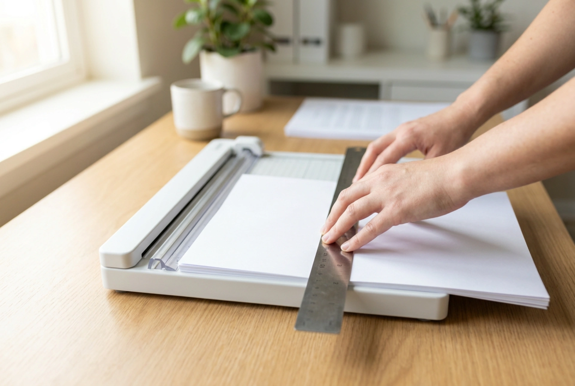 Troc'hañ paper gant ur gilotenn e surentez e-pad renkañ an teulioù