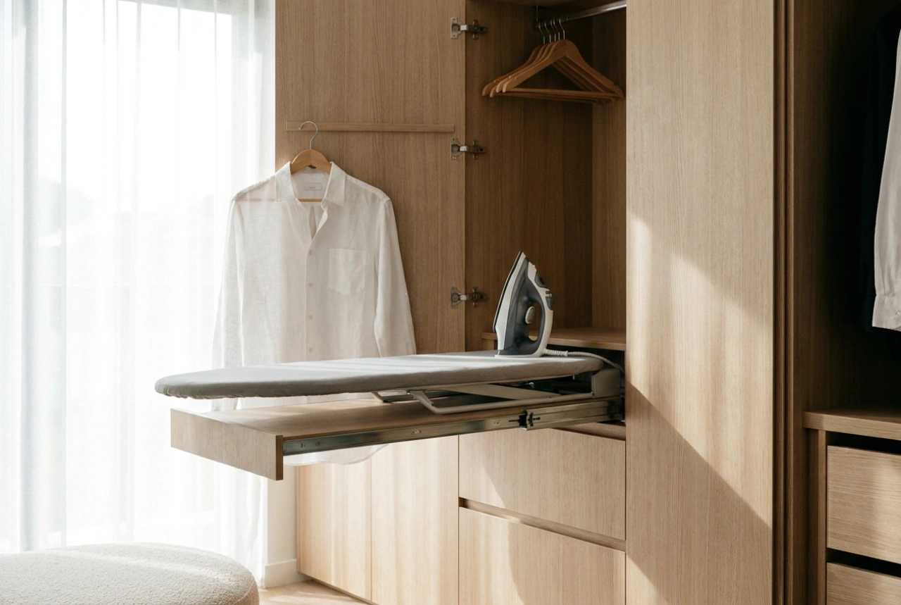 Mesa de passar roupa embutida no armário e organização prática do trabalho
