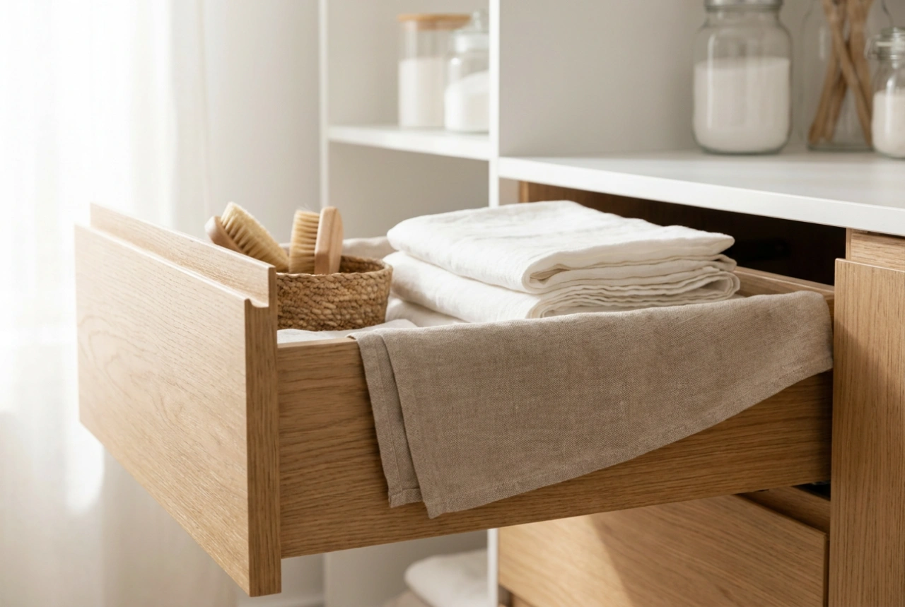 Armários com cesto de roupa suja e regras para um armazenamento arejado