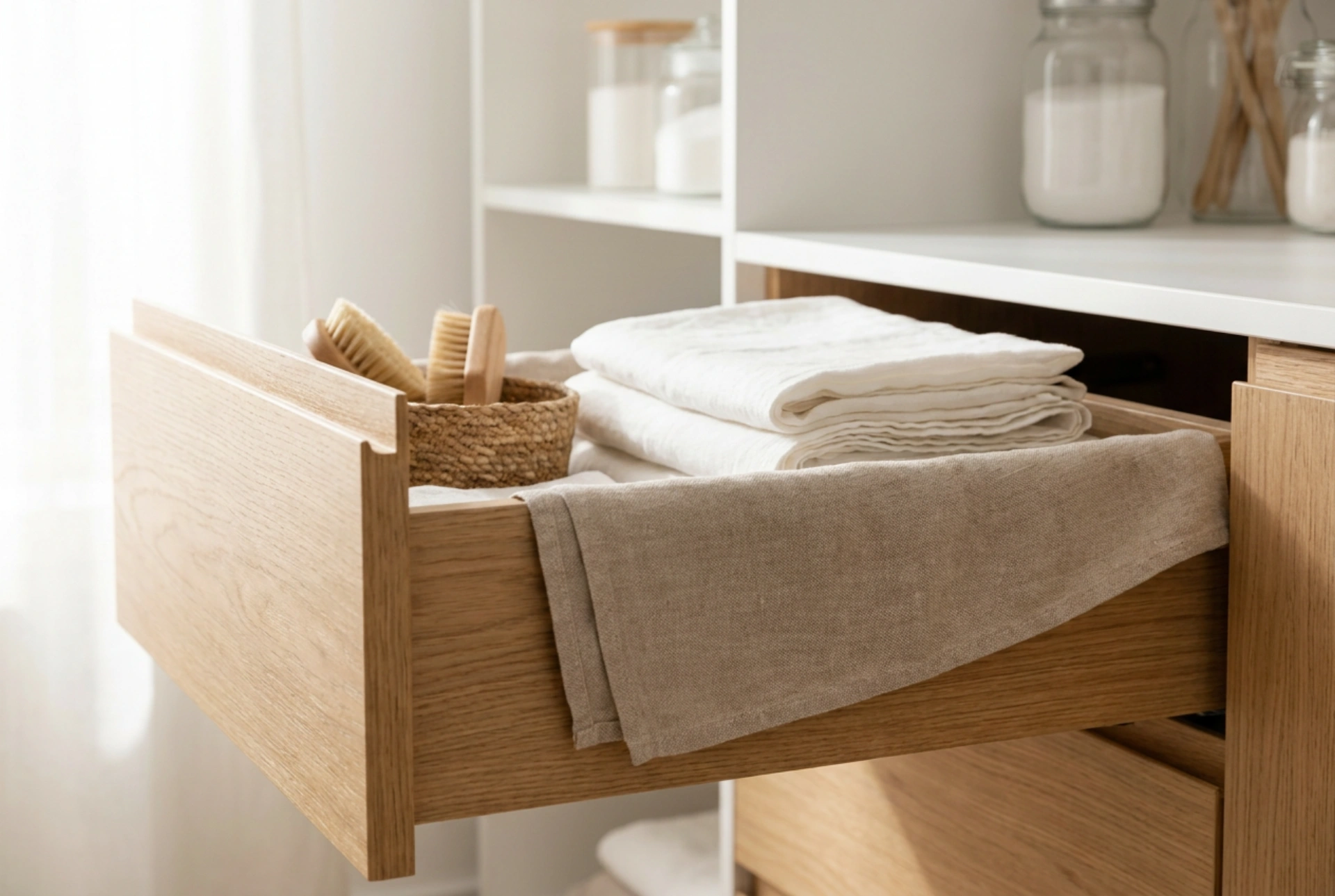 Armários com cesto de roupa suja e regras para um armazenamento arejado