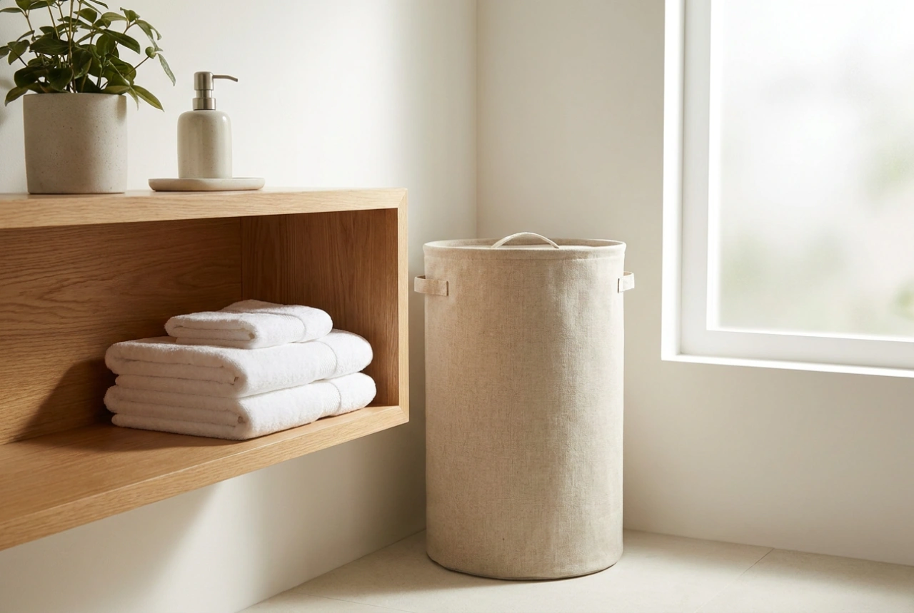Como organizar o saco de roupa suja em um banheiro pequeno