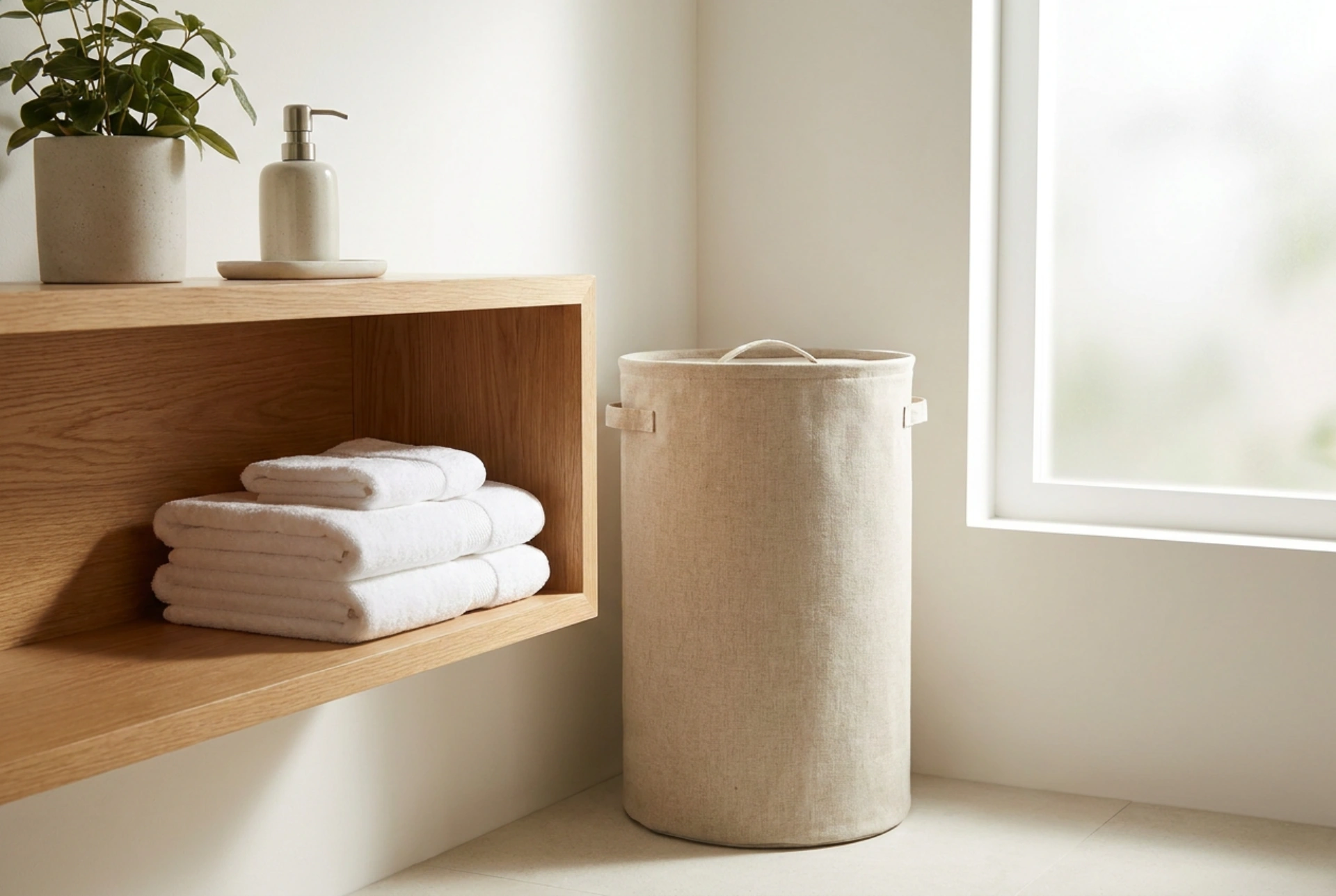 Como organizar o saco de roupa suja em um banheiro pequeno