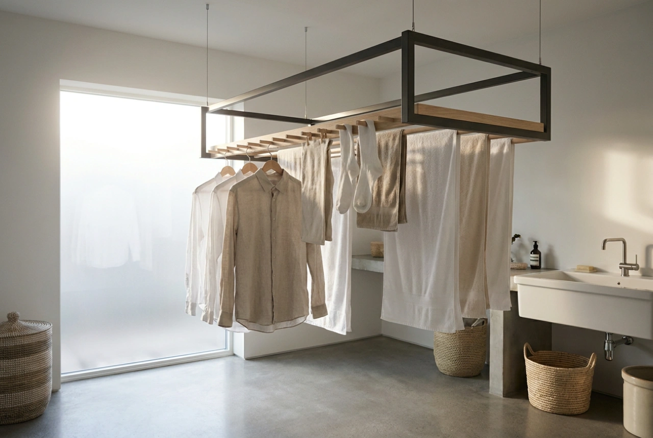 Varal de teto para roupas pesadas e distribuição uniforme de carga
