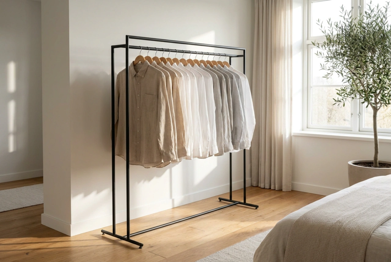 Arara de roupas como suporte para o guarda-roupa cápsula