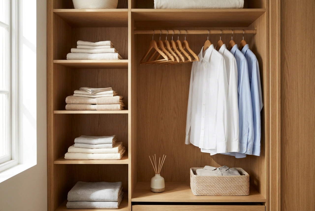 Como organizar um guarda-roupa de duas portas com prateleiras e cabideiro