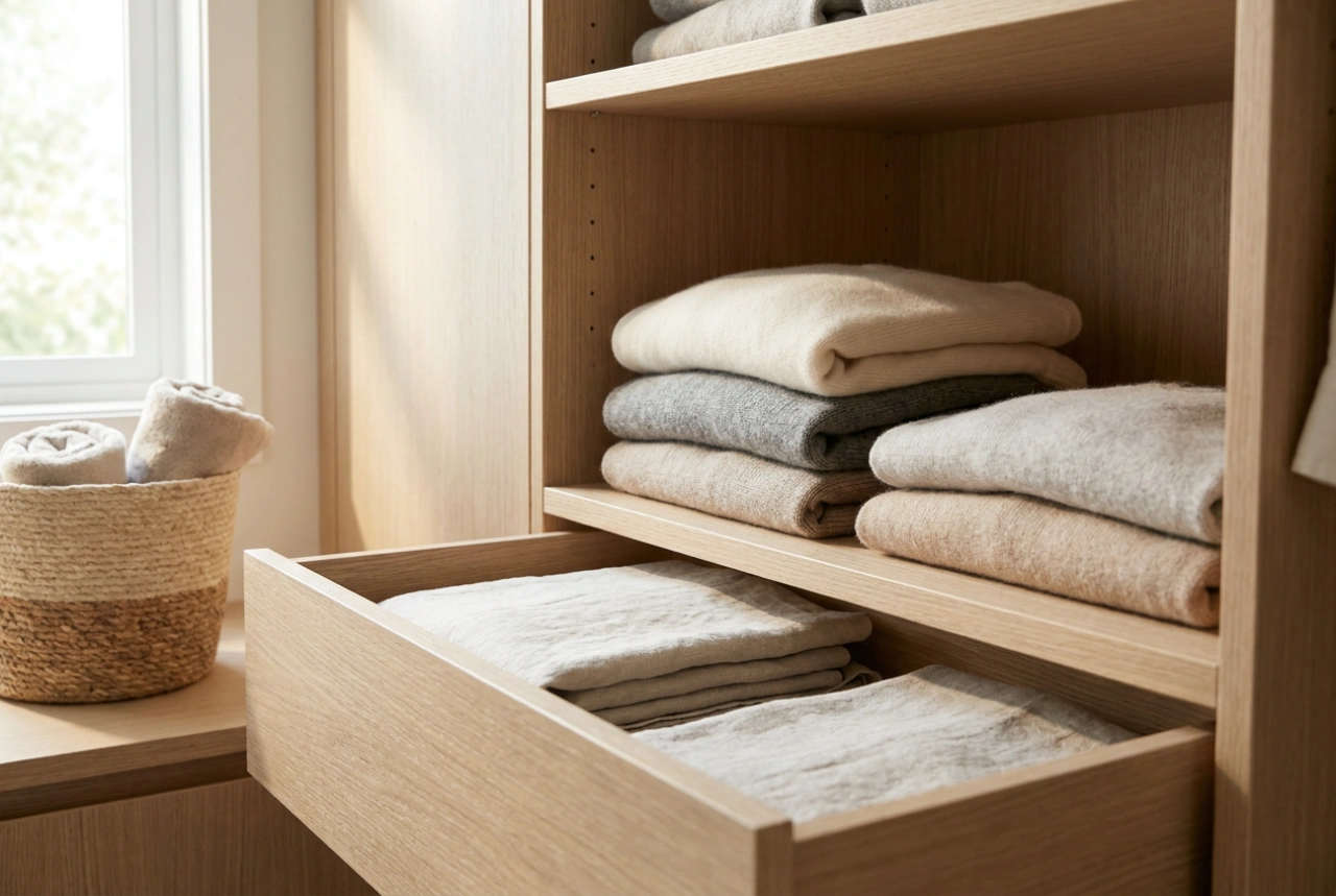 Organização inteligente de guarda-roupa com gavetas internas por estações