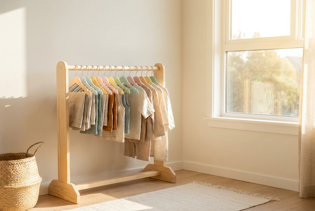 Como escolher cabides infantis para que a própria criança guarde suas roupas