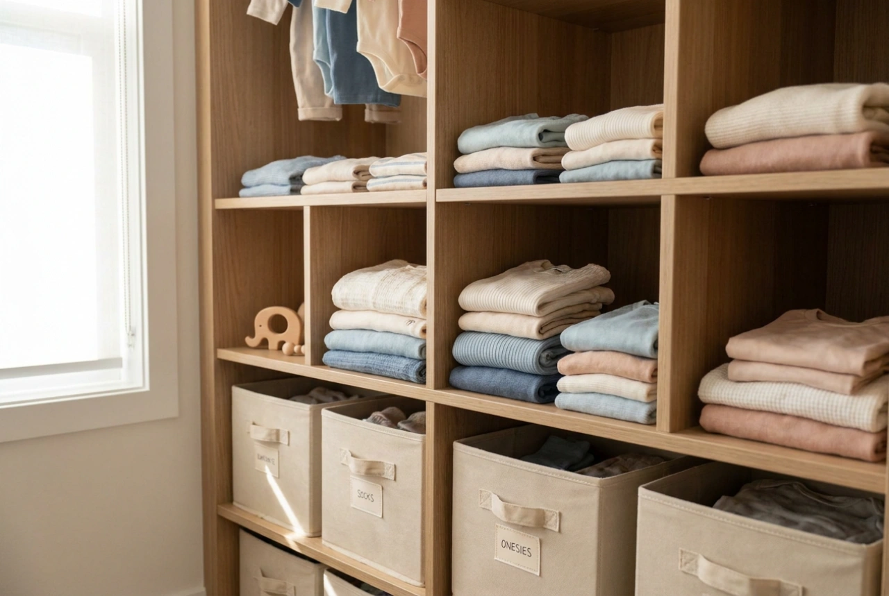 Como organizar a cômoda e o guarda-roupa infantil em zonas claras