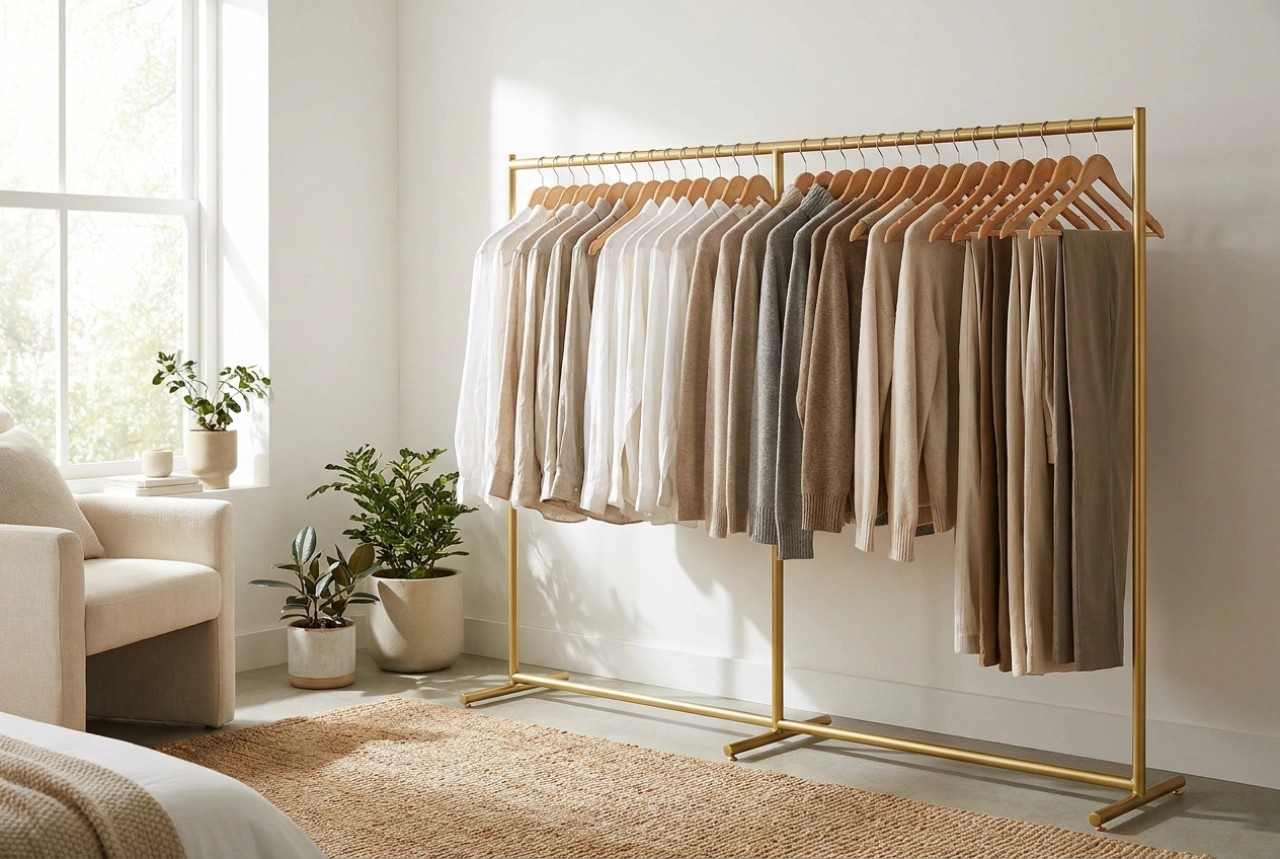 Como organizar uma arara de roupas dourada como um closet aberto