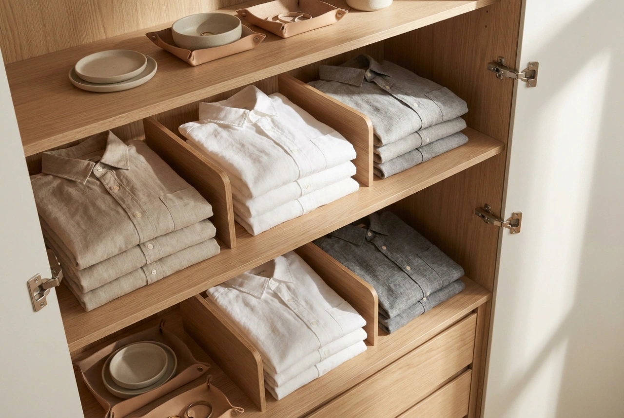 Como dividir um guarda-roupa de parede inteira em zonas funcionais no quarto