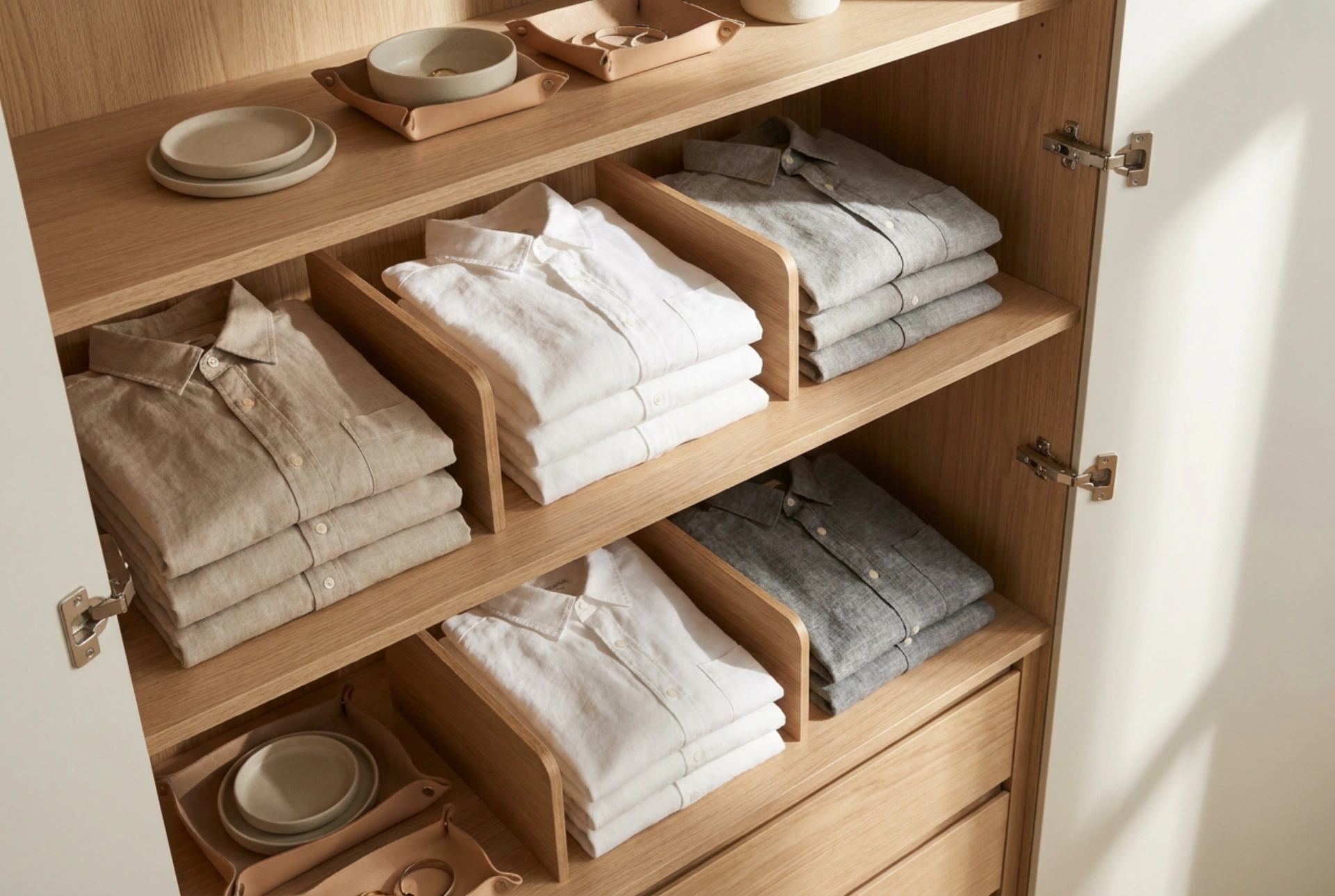 Como dividir um guarda-roupa de parede inteira em zonas funcionais no quarto