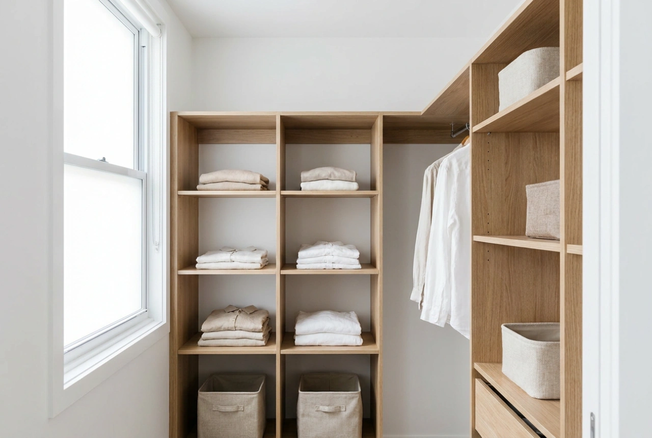 Mobiliário modular de closet e zonas flexíveis de arrumação