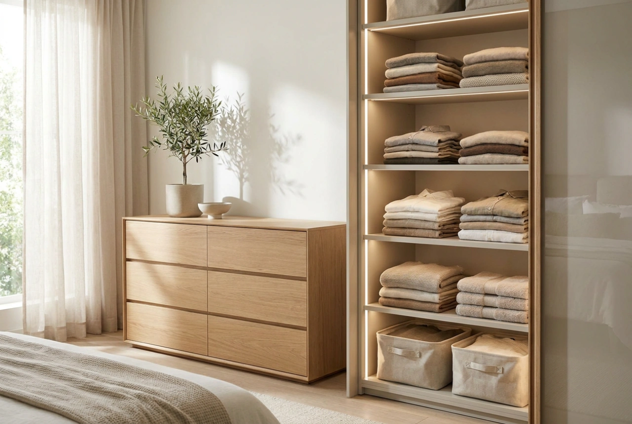 Organização complementar entre guarda-roupa e cômoda: como dividir roupas sem duplicar funções