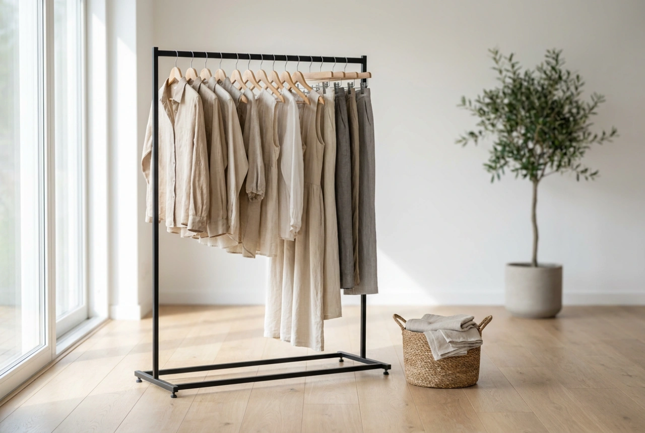 Arara de roupas com rodinhas como zona de transição móvel