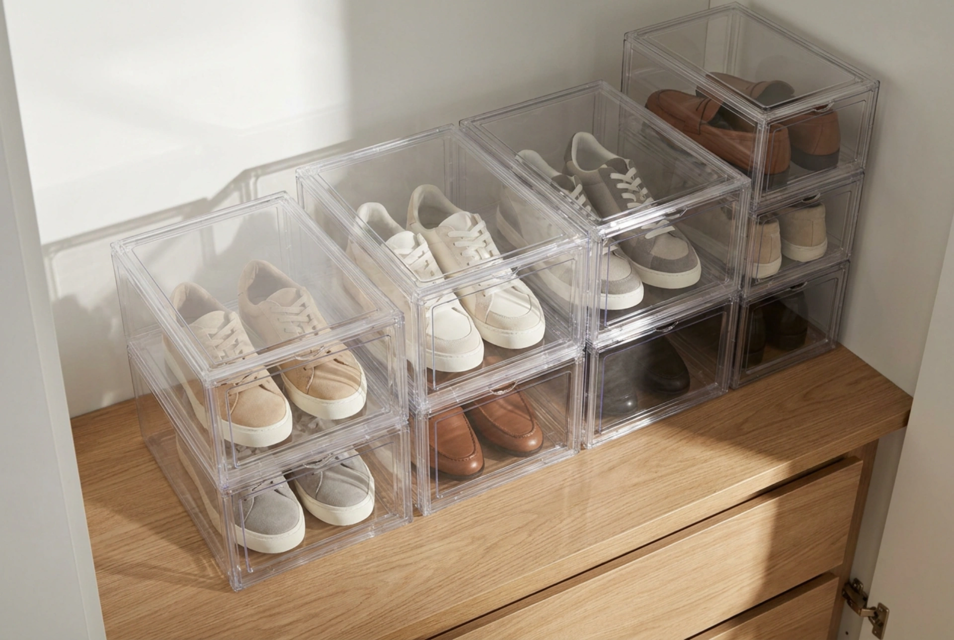 Caixas de sapatos transparentes para organização e visualização rápida da coleção