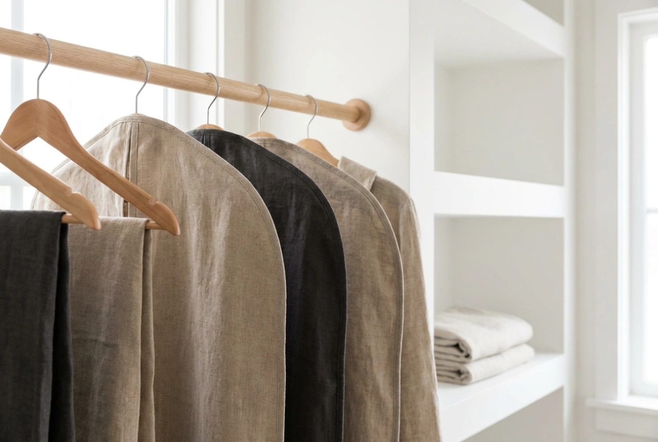 Cabide com capa e a proteção de roupas contra poeira no closet