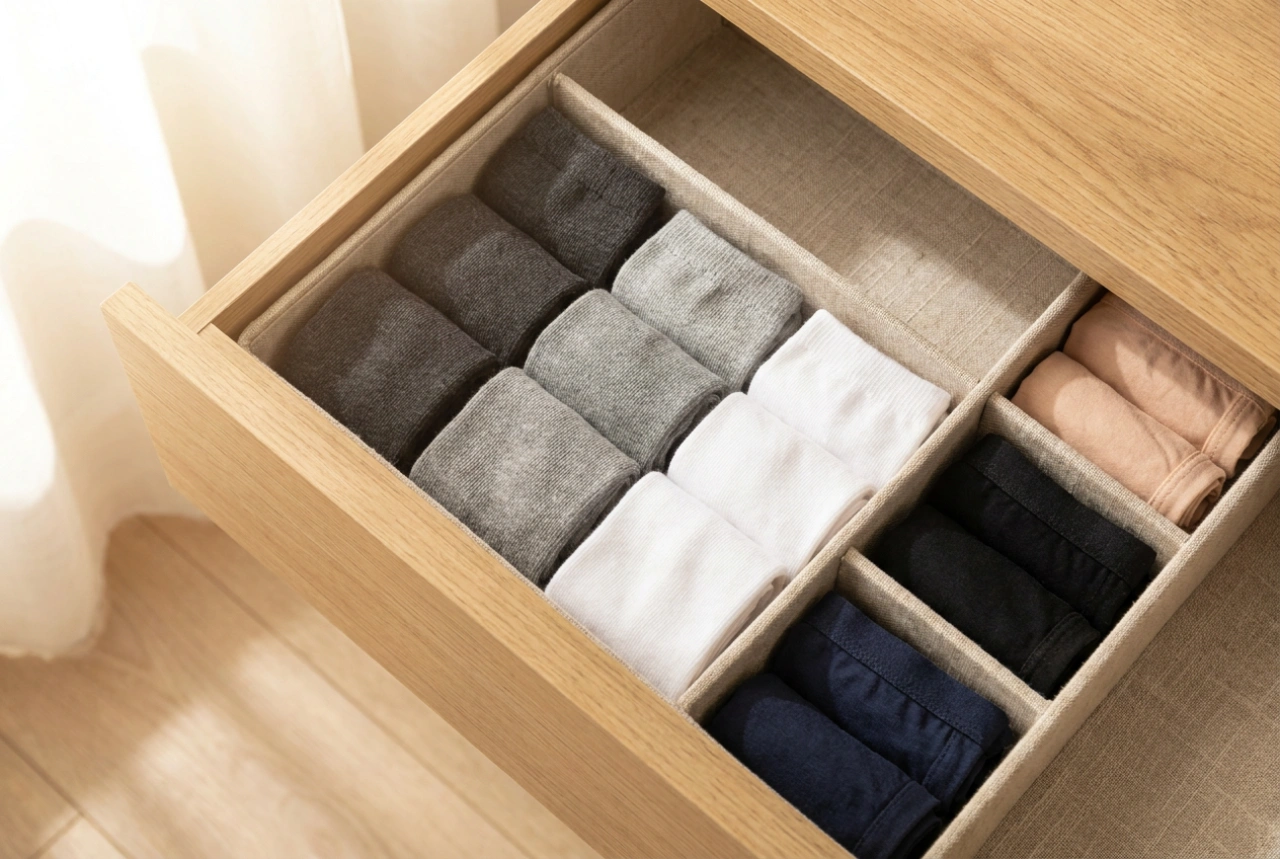 Divisão eficiente de organizadores para meias e roupas íntimas