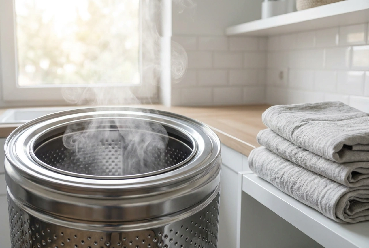 Como funciona a função de vapor na lavadora de roupas e para quais tecidos é indicada
